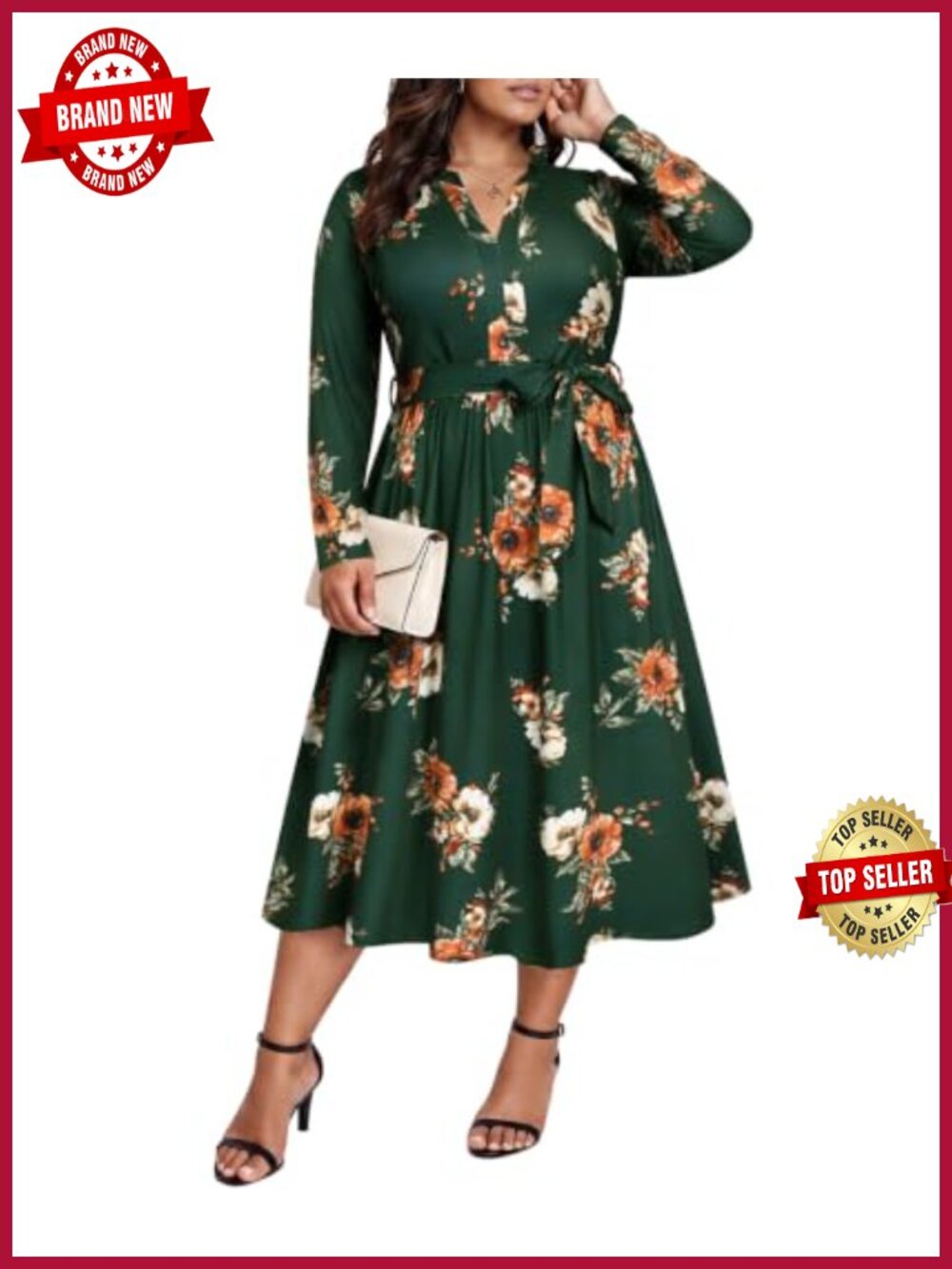 Plus Size Long Sleeve Wrap Midi Dress with Pockets